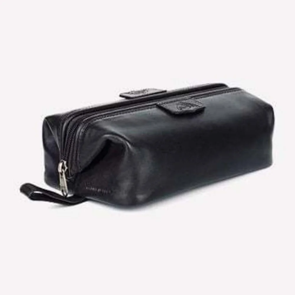 DOPP Black Satin Cowhide Leather Travel Bag Toiletries Case Mens Excellent